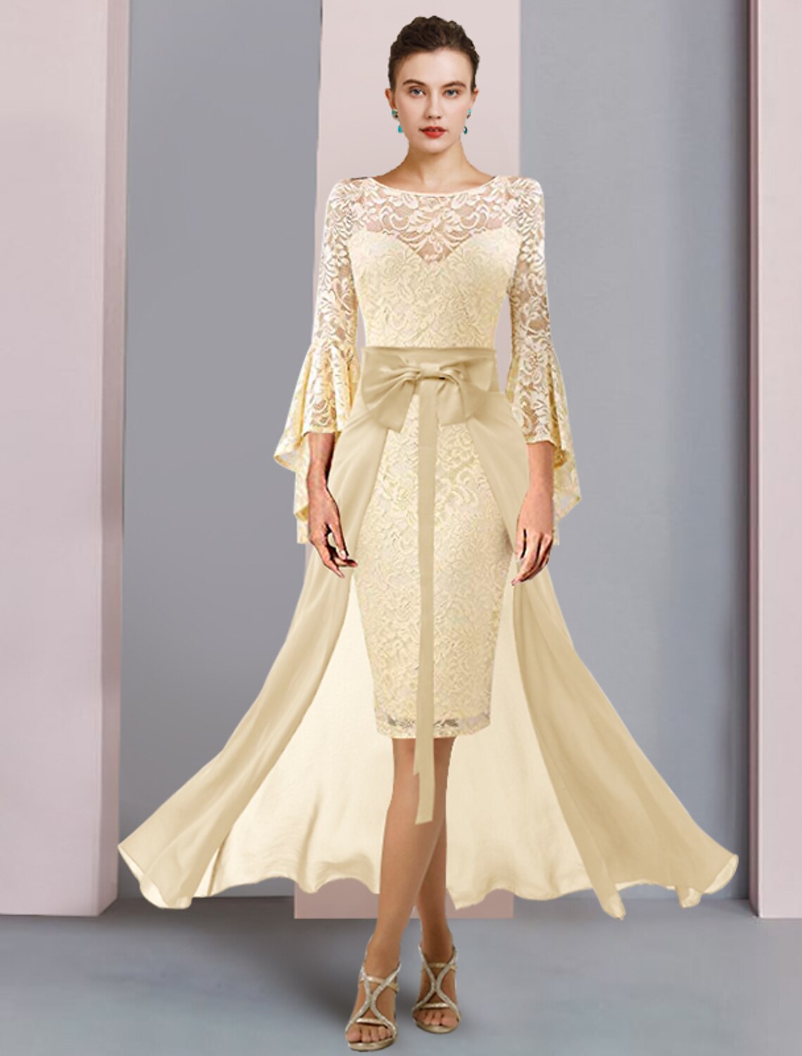 Wholesale  Two Piece Sheath / Column Mother of the Bride Dress Formal Wedding Guest Elegant Scoop Neck Knee Length Chiffon Lace 3/4 Length Sleeve with Bow(s)